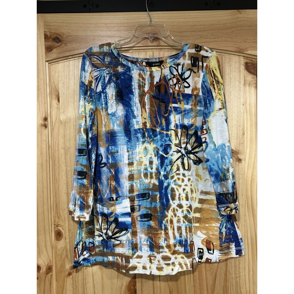 Ali Miles Women’s Tunic Abstract Print Blue Brown 3/4 Sleeves Pullover Size S